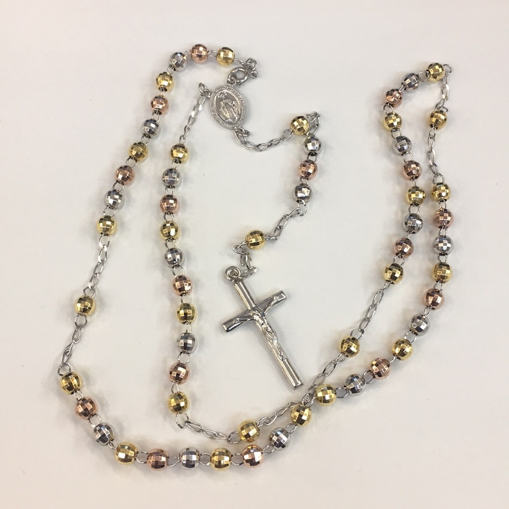 Italian Silver Tri Color Rosary Beads Chain Cross - Picture 4 of 8